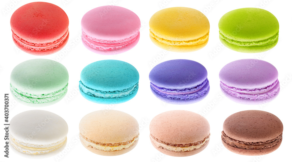 Multicolored macaroons collection isolated on white background Multicolored macaroons collection isolated on white background
