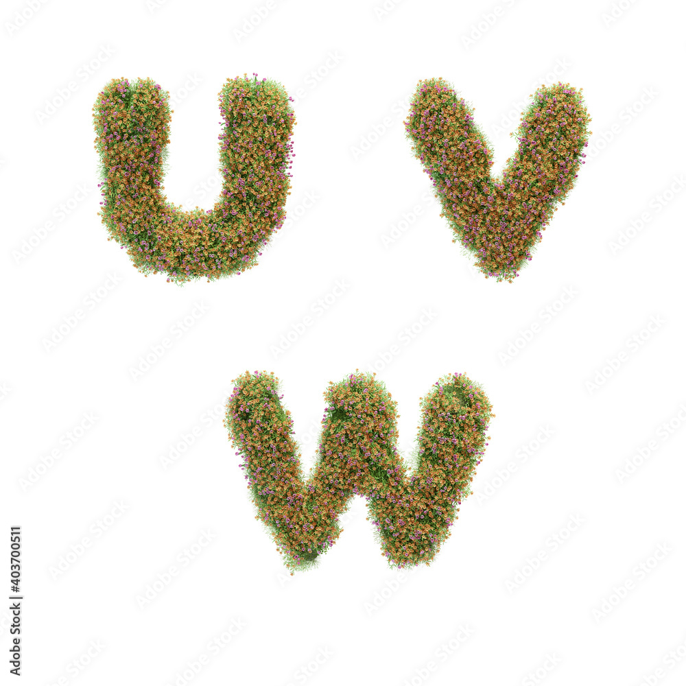 3D letter alphabet covered with grass and spring flowers - letters U-W 3D letter alphabet covered with grass and spring flowers - letters U-W