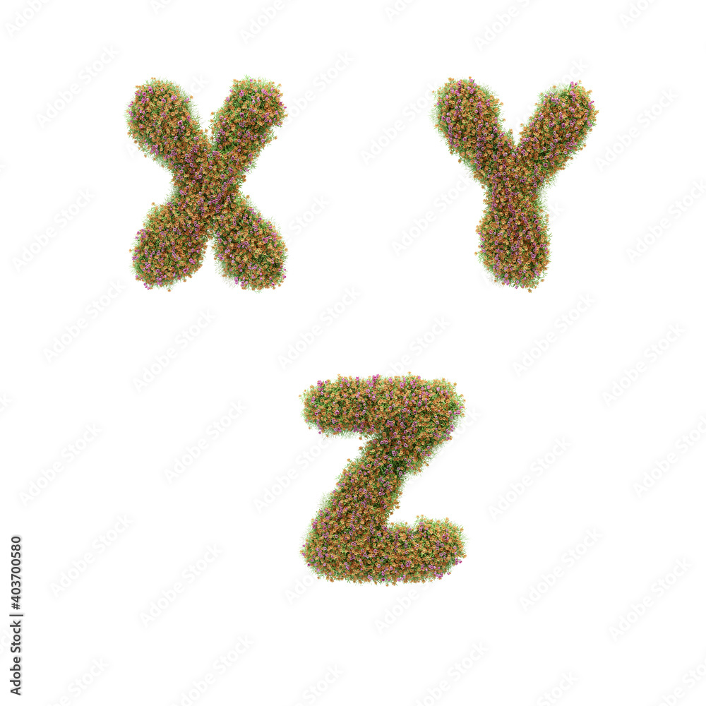 3D letter alphabet covered with grass and spring flowers - letters X-Z 3D letter alphabet covered with grass and spring flowers - letters X-Z