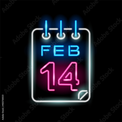 Neon icon of calendar with 14 february isolated on black background. St. Valentine Day, love, celebration, holiday concept. Vector 10 EPS illustration.