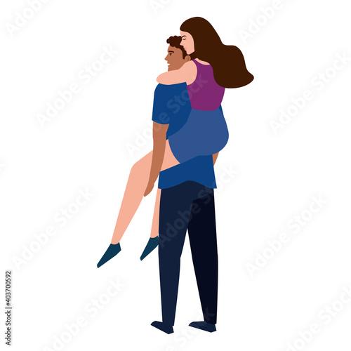 young interracial lovers couple lifting characters vector illustration design