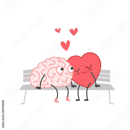Cartoon Illustration of the Heart and Brain sit on the Bench and Kiss. Heart and Brain are in love hold hands and kiss each other. Happy Valentines Day Lettering.