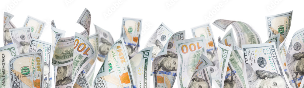Several One Hundred Dollar Bills Falling At Base of White Page Several One Hundred Dollar Bills Falling At Base of White Page
