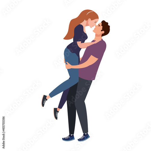 young lovers couple lifting and kissing characters vector illustration design