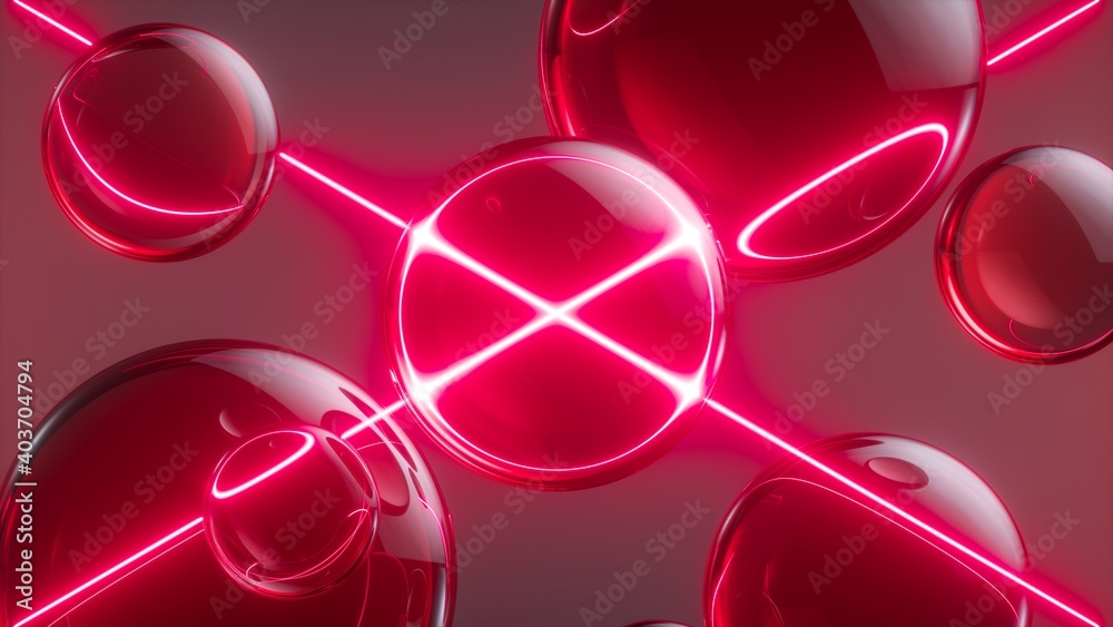 3d render, abstract neon background with glass balls and laser rays ...