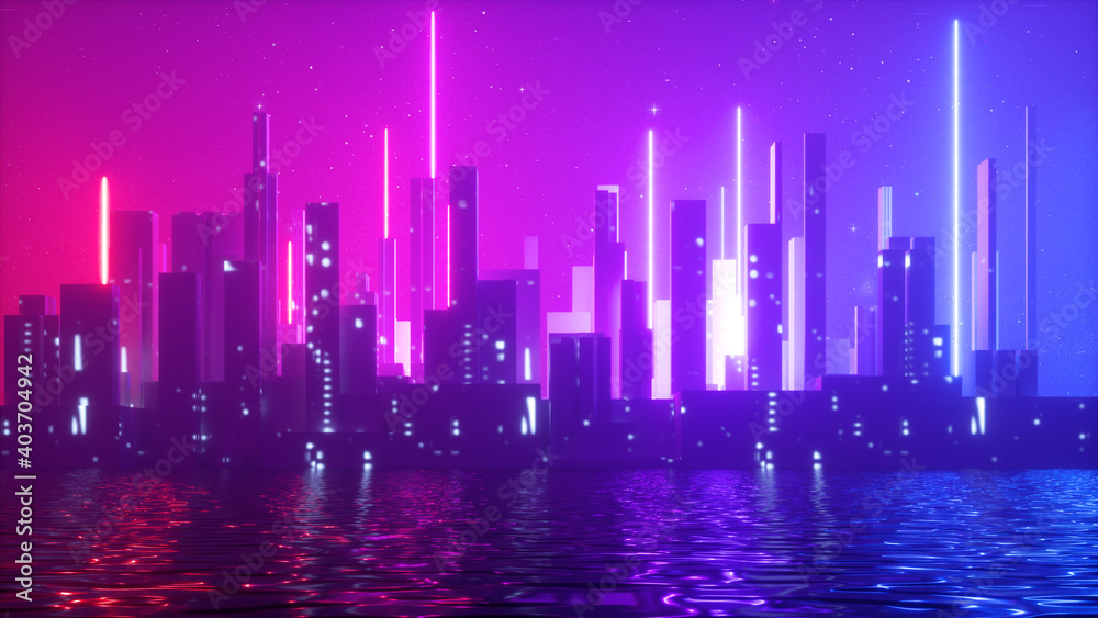 3d render, abstract urban futuristic background. Skyscrapers with neon light, starry night sky and water