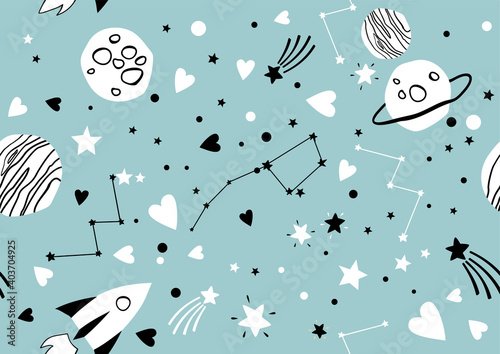 Fototapeta Naklejka Na Ścianę i Meble -  Vector hand drawn seamless pattern with space objects in simple flat cartoon style