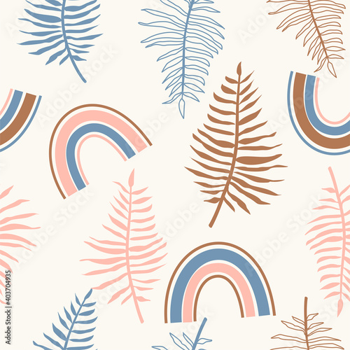 Seamless tropical abstract pattern with palm leaves and rainbow in scandinavi...