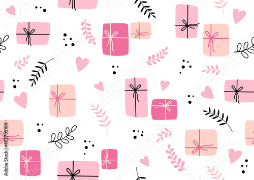 Seamless romantic spring vibe pattern with hearts and gift boxes