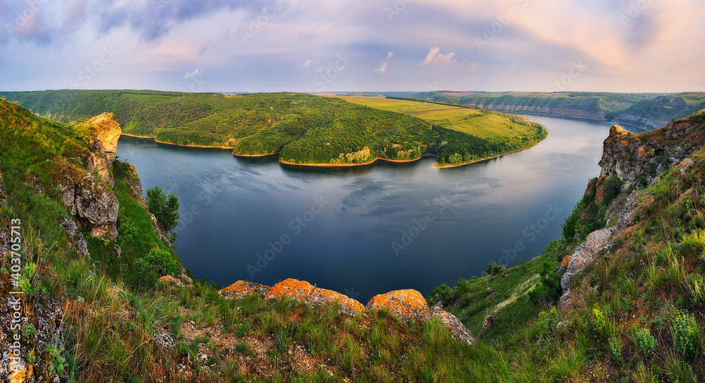 Beautiful spring landscape at sunrise. picturesque river canyon Beautiful spring landscape at sunrise. picturesque river canyon