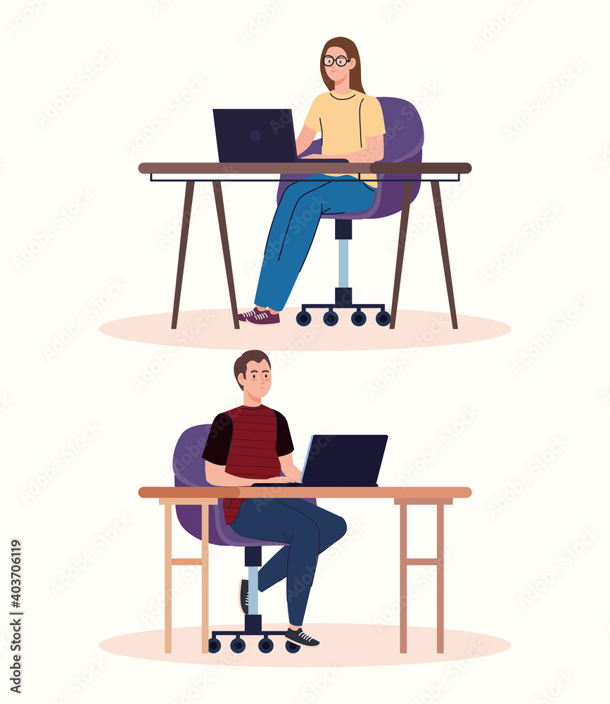 young couple freelancers workers characters using laptops vector illustration design young couple freelancers workers characters using laptops vector illustration design
