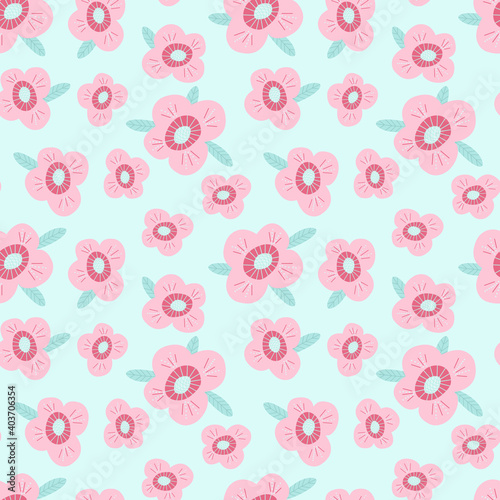 Vector seamless pattern with stylized delicate pink flowers with green leaves. The design is great for wallpapers, scrapbooking, summer and wedding designs, packaging, textiles, fabrics, bedding