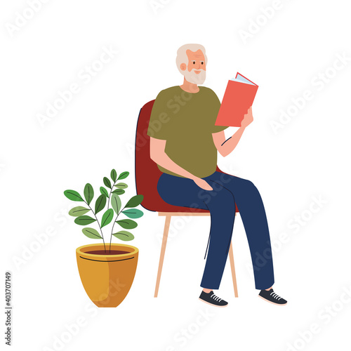 elderly old man reading book seated in chair character vector illustration design