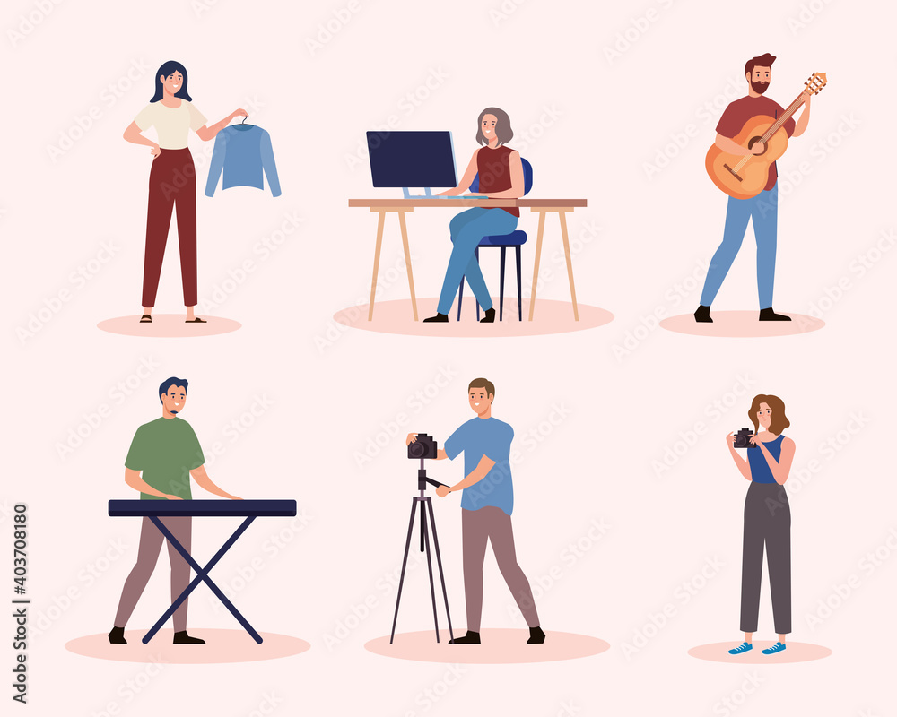 group of six creative young people characters vector illustration design