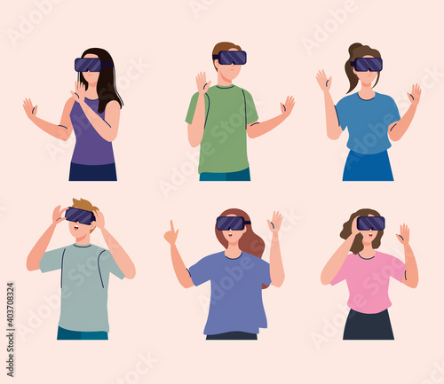 group of six young people using reality virtual masks technology devices vector illustration design
