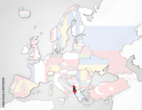 3D Europakarte auf der Albanien hervorgehoben wird und die restlichen Flaggen transparent sind