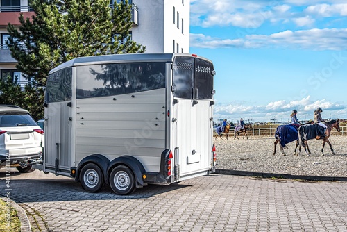 Horse vehicle . Carriage for horses . Auto trailer for transportation of horses .