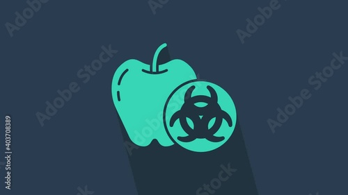 Turquoise Genetically modified apple icon isolated on blue background. GMO fruit. 4K Video motion graphic animation.