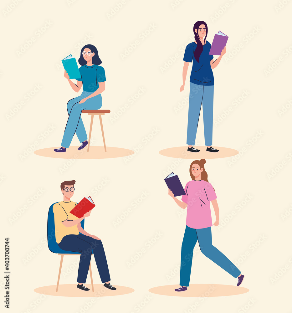 people reading text books characters vector illustration design
