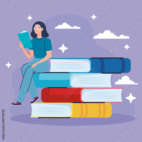 woman wearing eyeglasses reading text book seated in books vector illustration design