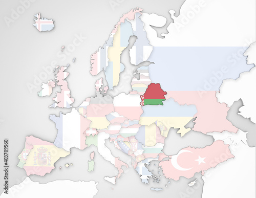 3D Europakarte auf der Weißrussland hervorgehoben wird und die restlichen Flaggen transparent sind