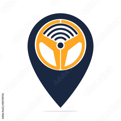 Car helm and map pointer logo combination. Steering wheel and gps locator symbol vector design.