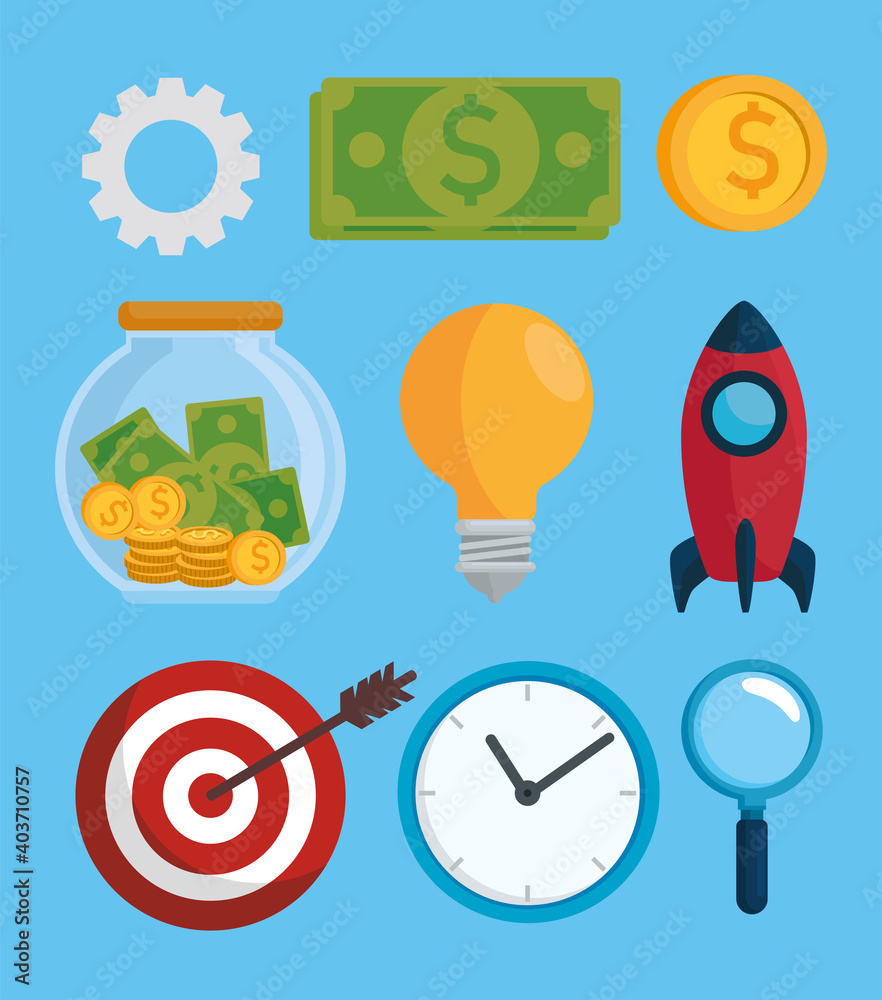 bundle of nine sales and finance analysis set icons vector illustration design
