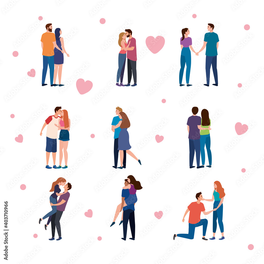 bundle of nine couples lovers characters and hearts vector illustration design bundle of nine couples lovers characters and hearts vector illustration design