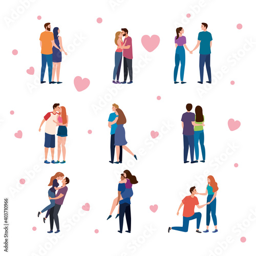 bundle of nine couples lovers characters and hearts vector illustration design