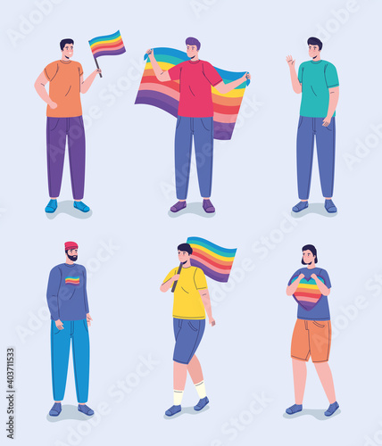 group of six persons with lgtbi flags characters vector illustration design