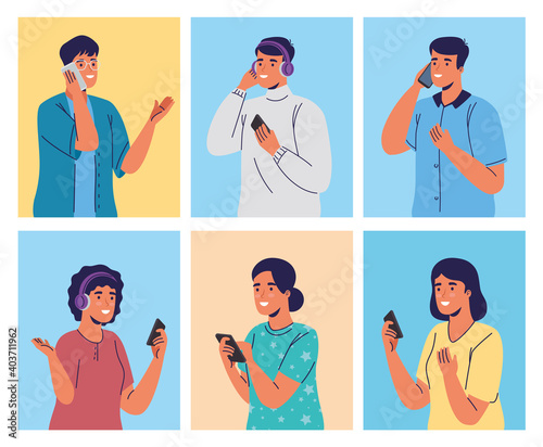 group of young people using smartphones characters vector illustration design photo