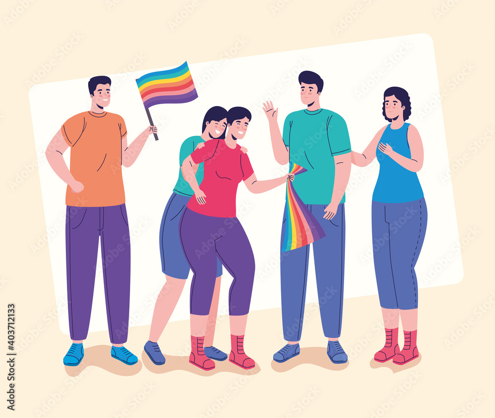 Fototapeta premium group of five persons with lgtbi flags characters vector illustration design