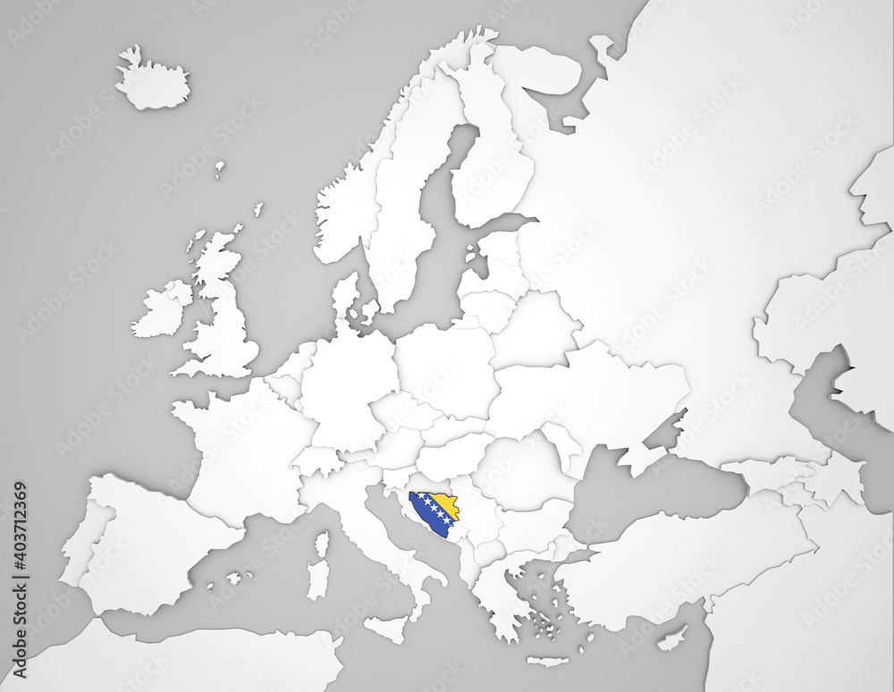 Obraz premium 3D Europakarte auf der Bosnien und Herzegowina hervorgehoben werden
