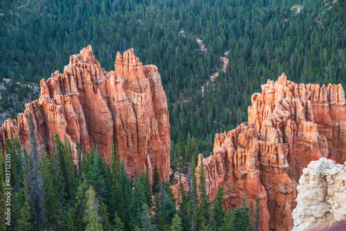 Red rocks formations and pine tree forest, aerial view, Bryce Canyon, Utah