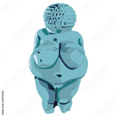 Venus of Willendorf. Female archetype of Great Mother. Prehistoric goddess sculpture of Paleolithic Europe. Flat cartoon style. Monochrome blue silhouette.