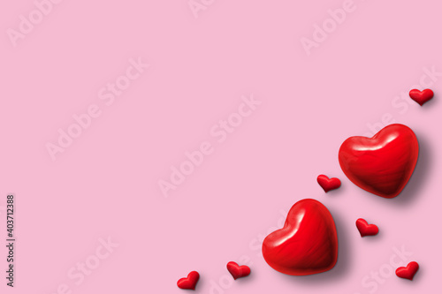 abstract red hearts on pink background for valentines day, wedding and greeting cards. Copy space for text. 3D illustration