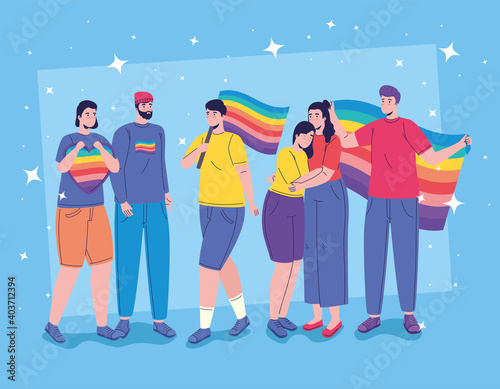 six persons with lgtbi flags characters vector illustration design