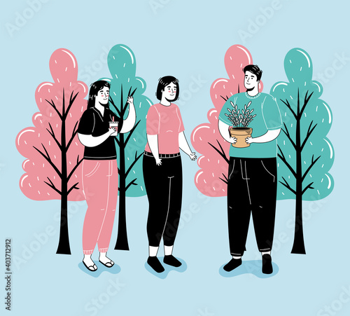 group of three persons doing activities in the forest characters vector illustration design