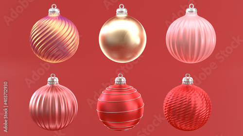 Christmas mock-up with realistic Christmas balls. Xmas glass ball on Red Holiday's Background. Holiday decoration template. 3d rendering
