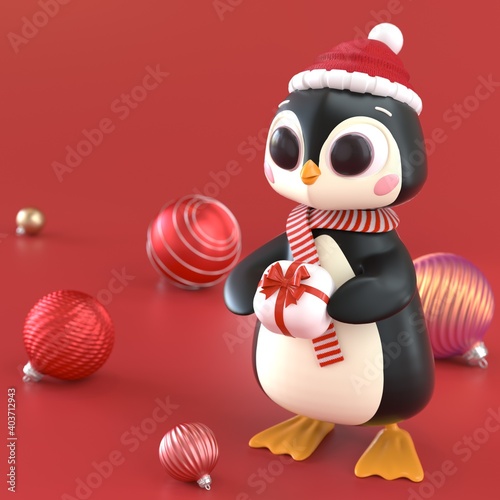 3d christmas pinguin wearing in scarf and hat with present, gift for you on red background with x-mas decoration. Gift giving concept. 3d rendering