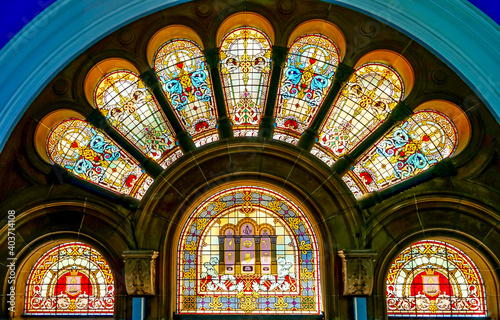 Australia, Sydney, Queen Victorias buiding, restored window above the entrance of George Street.  © Angela Meier