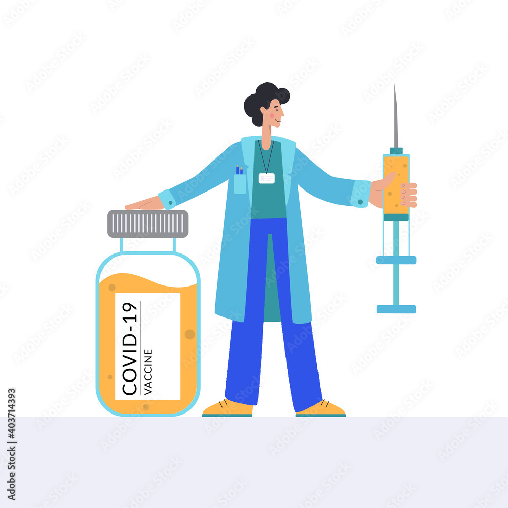 Vaccine against COVID-19 virus. Prevention injection, immunization. Coronavirus infection treatment. The doctor carries the vaccine and a large syringe.
