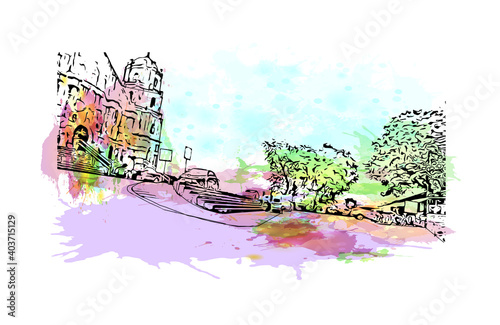 Building view with landmark of Daraga is
Municipality in the Philippines. Watercolour splash with hand drawn sketch illustration in vector. photo