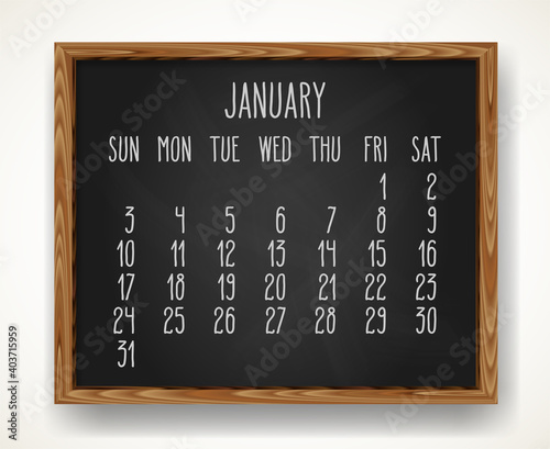 January year 2021 hand drawn black chalkboard calendar