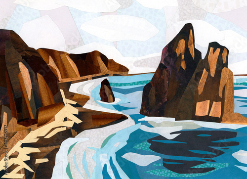 Rocky seaside coastline with island, paper collage illustration