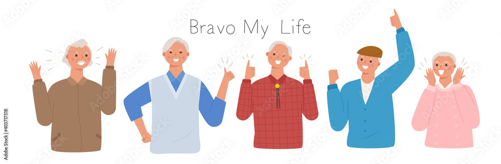 Collection of male senior characters. Her grandfathers are making a lively and positive gesture. flat design style minimal vector illustration. Collection of male senior characters. Her grandfathers are making a lively and positive gesture. flat design style minimal vector illustration.