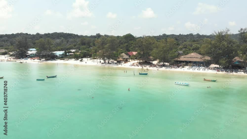Fly over seal waters and approach beach bar, Koh Rong Samloem. Tropical Holidays Fly over seal waters and approach beach bar, Koh Rong Samloem. Tropical Holidays