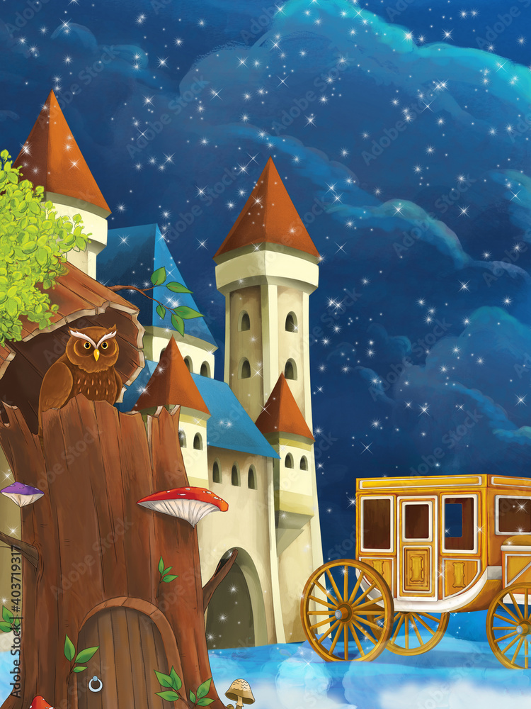 cartoon scene with owl sitting in the tree by night near the castle - illustration