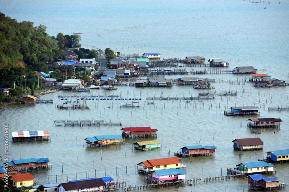 A bird's-eye view of the town and the fishing community. From the top of the mountain at the highest point of Koh Yor, Songkhla Province, Thailand