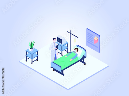 Man with heart conditon being treated by a doctor 3D flat isometric vector concept for banner, website, illustration, landing page, flyer, etc.